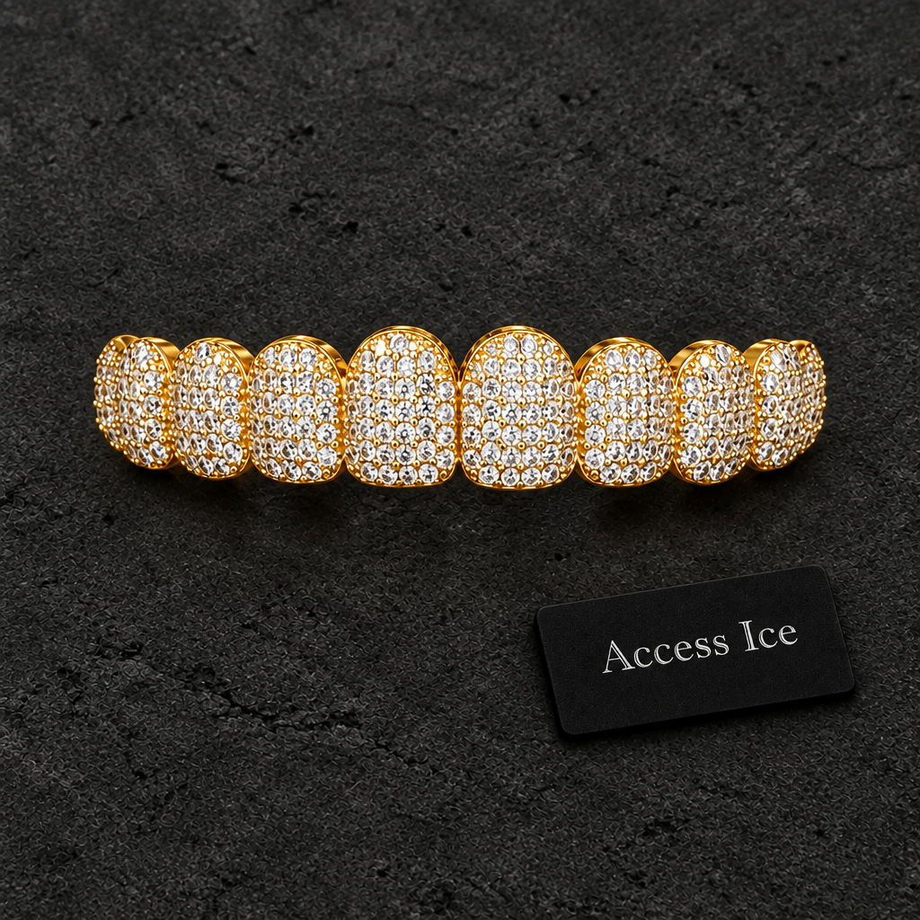Grillz Iced Out CZ | 10 Cima + 10 Baixo | Banhado a Ouro 14K | Prata | Hip Hop