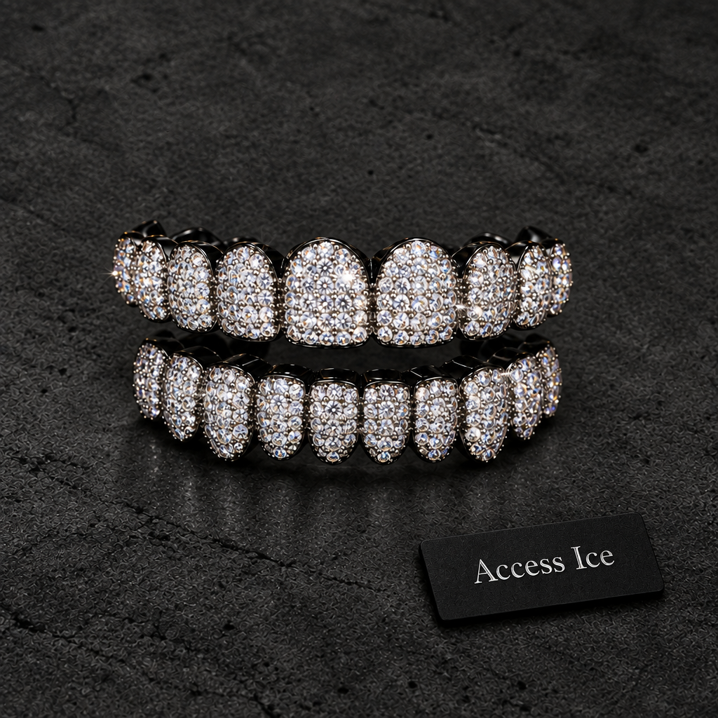 Grillz Iced Out CZ | 10 Cima + 10 Baixo | Banhado a Ouro 14K | Prata | Hip Hop
