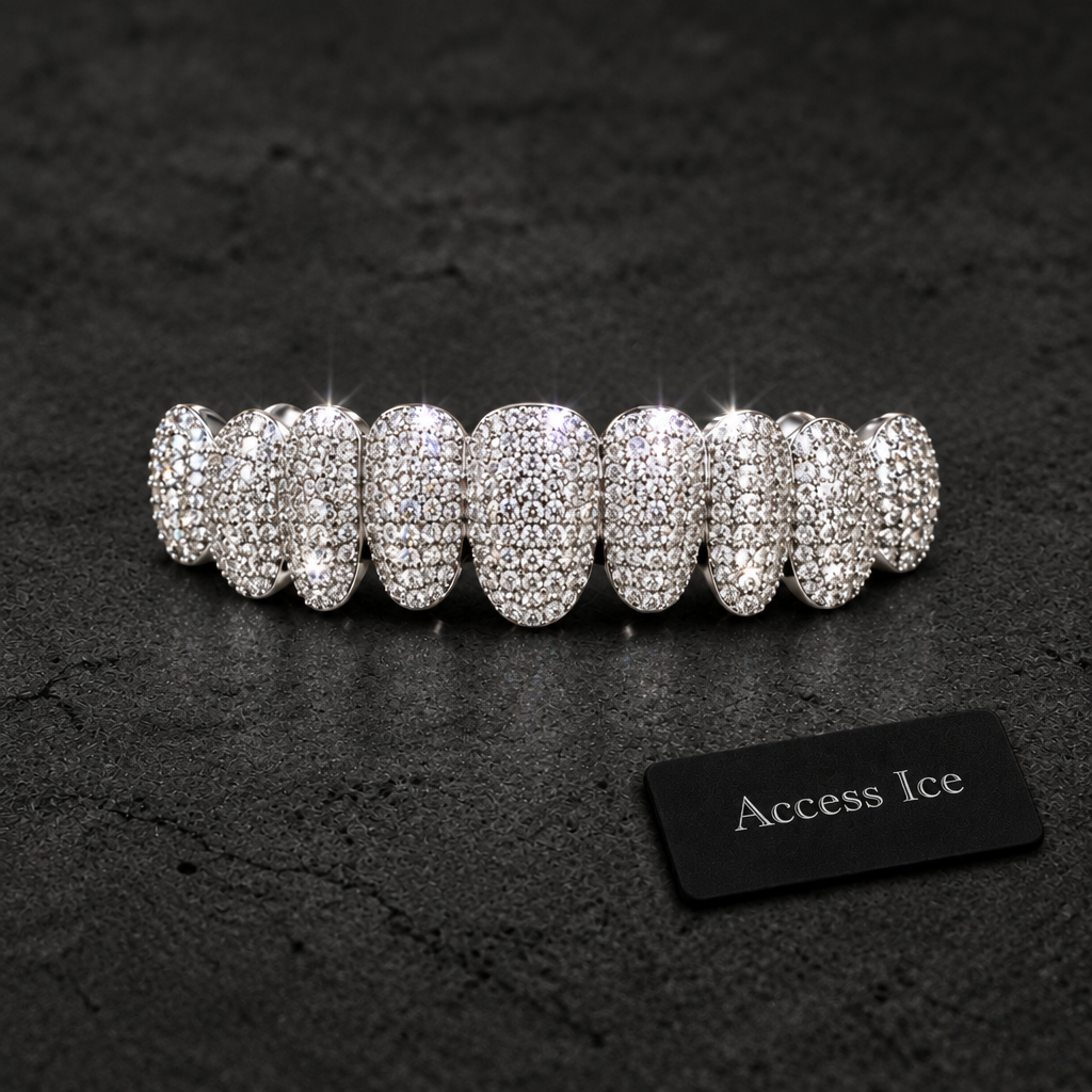 Grillz Iced Out CZ | 10 Cima + 10 Baixo | Banhado a Ouro 14K | Prata | Hip Hop