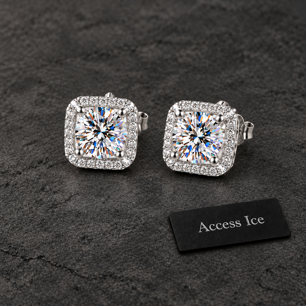 Brincos Moissanite com Halo | Corte Brilhante | Prata 925 | Redondo e Quadrado
