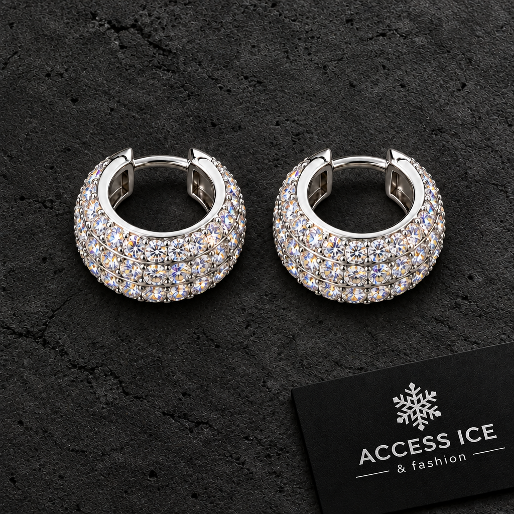 Brincos Argola Iced Out CZ | 3 Filas Zirconia | Prata e Dourado | Unissexo