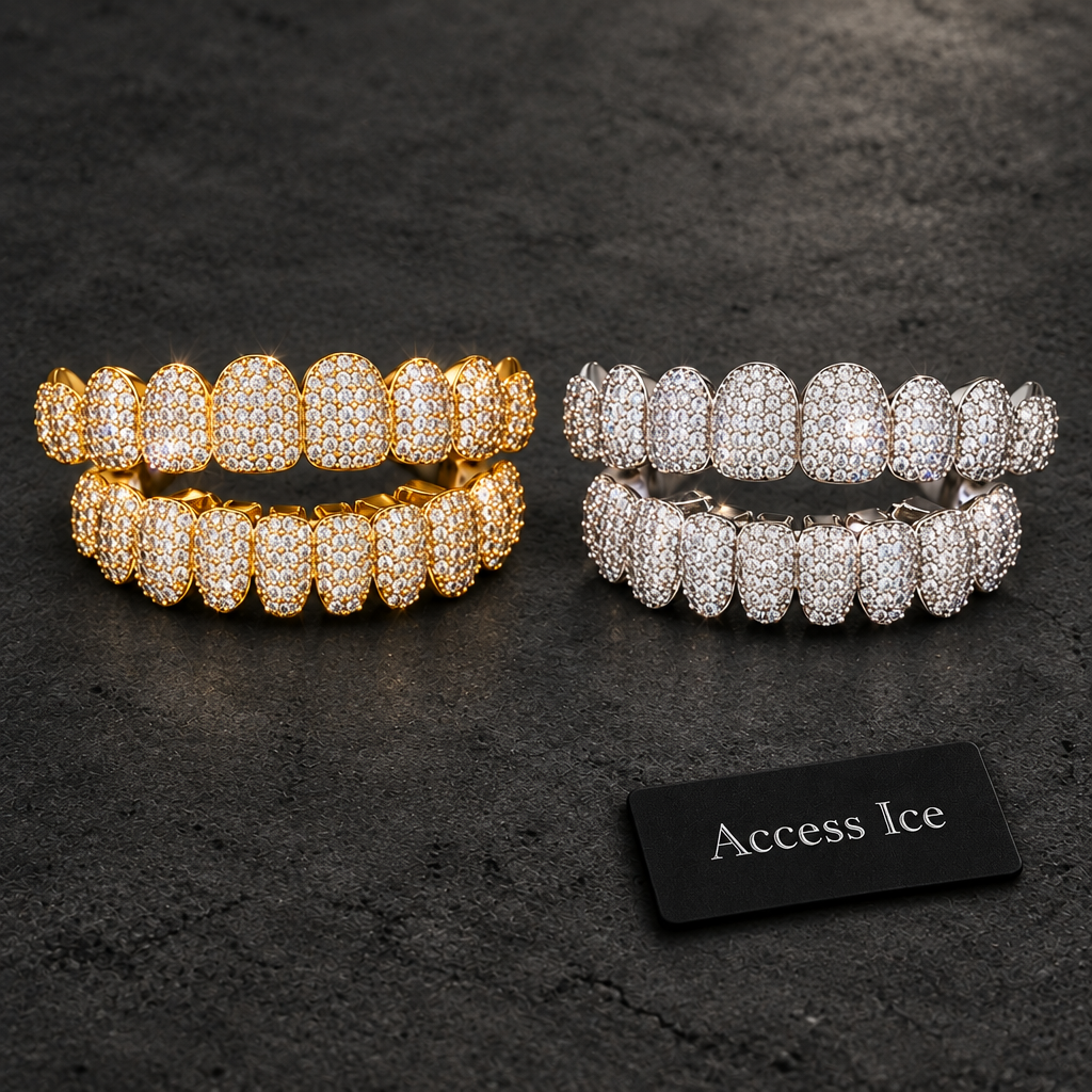 Grillz Iced Out CZ | 10 Cima + 10 Baixo | Banhado a Ouro 14K | Prata | Hip Hop