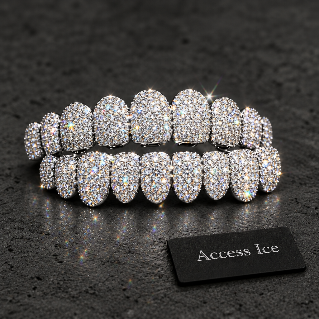 Grillz Iced Out CZ | 10 Cima + 10 Baixo | Banhado a Ouro 14K | Prata | Hip Hop