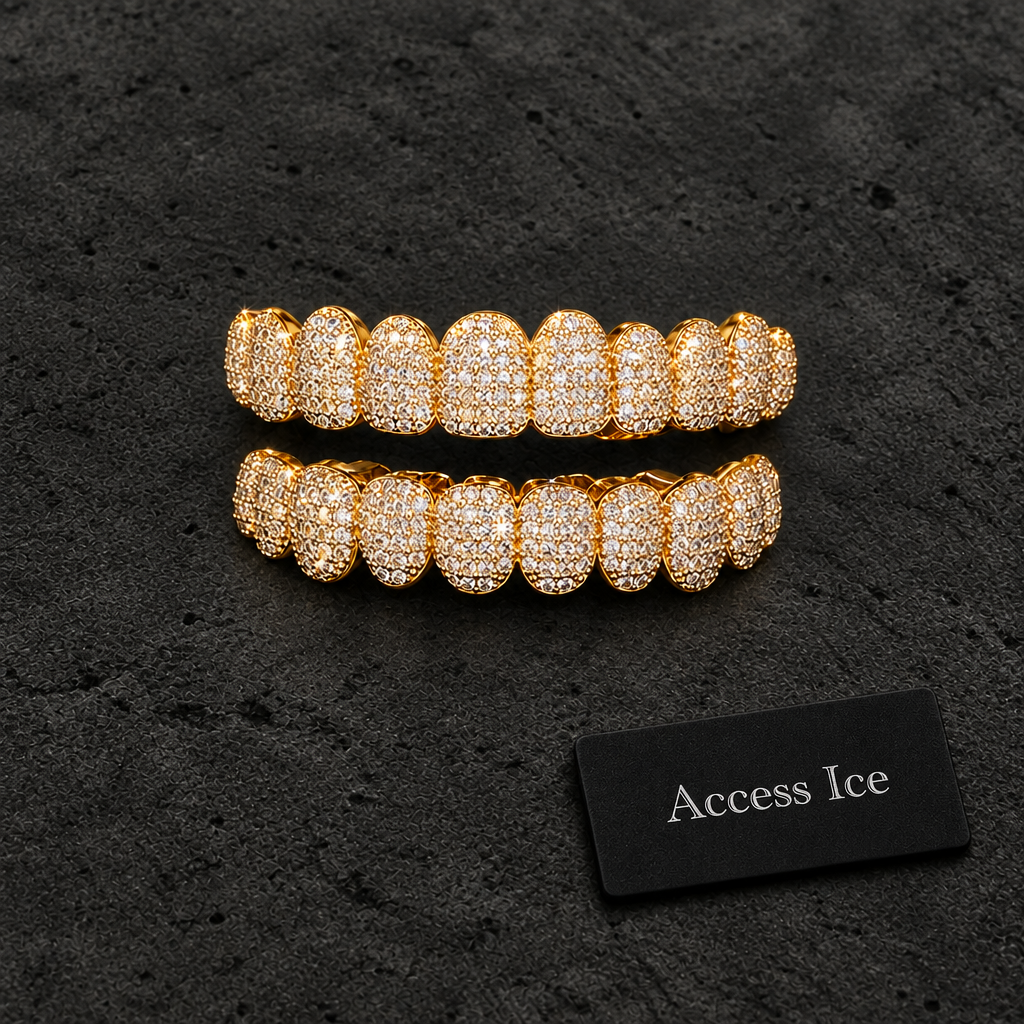 Grillz Iced Out CZ | 10 Cima + 10 Baixo | Banhado a Ouro 14K | Prata | Hip Hop