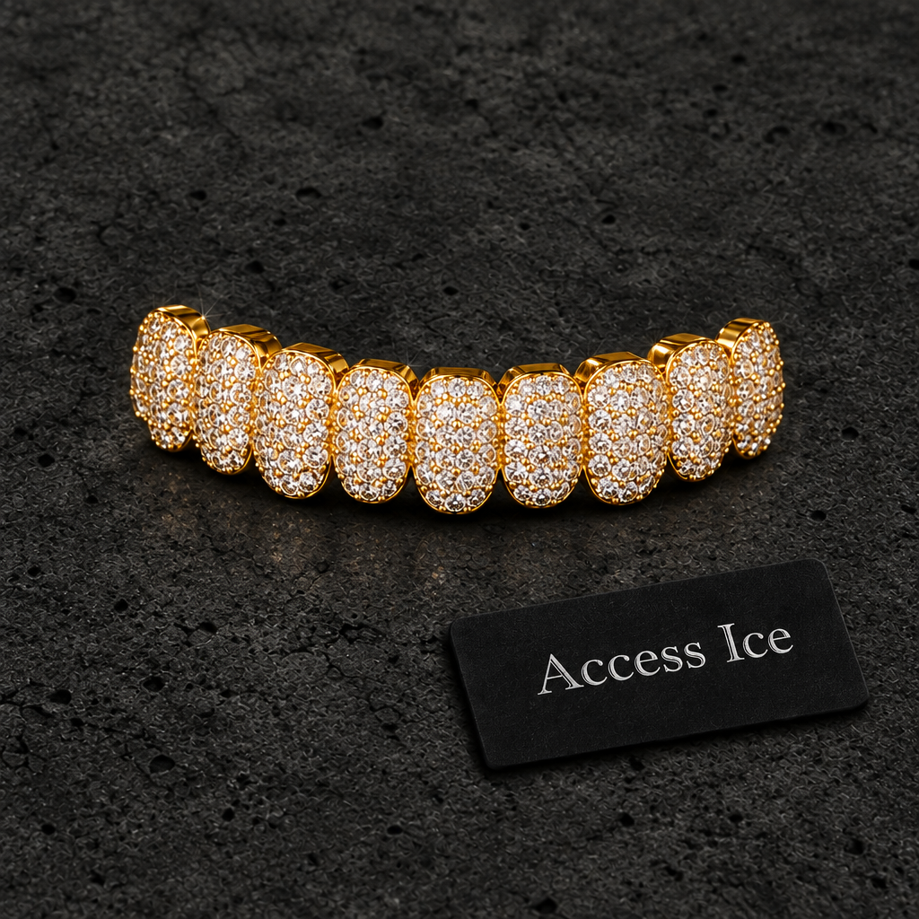 Grillz Iced Out CZ | 10 Cima + 10 Baixo | Banhado a Ouro 14K | Prata | Hip Hop