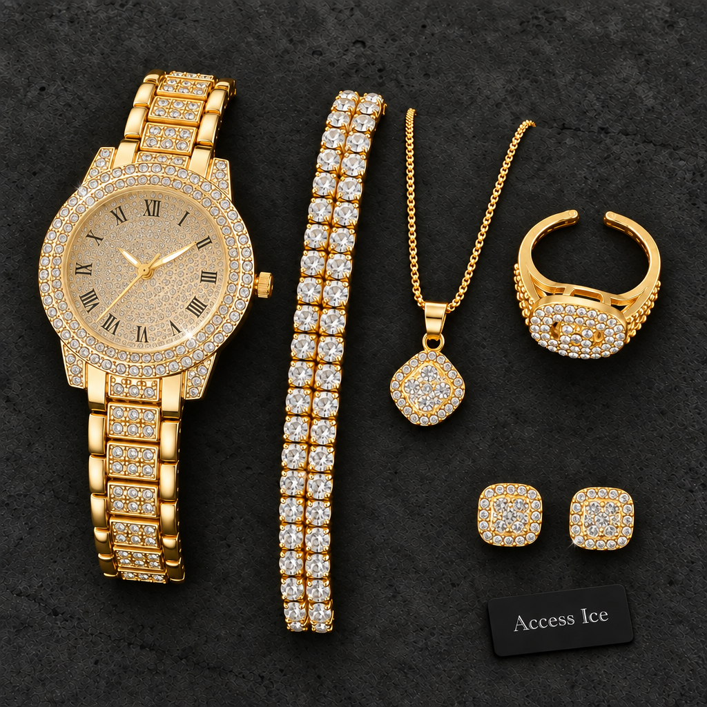 Conjunto de joias Diamond Aura dourado premium com 6 peças cravejadas — Access Ice


