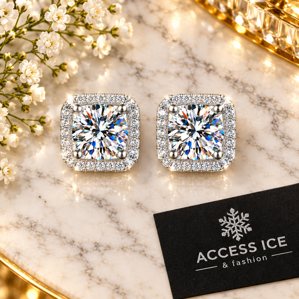 Brincos quadrados Moissanite halo flat lay mármore Access Ice