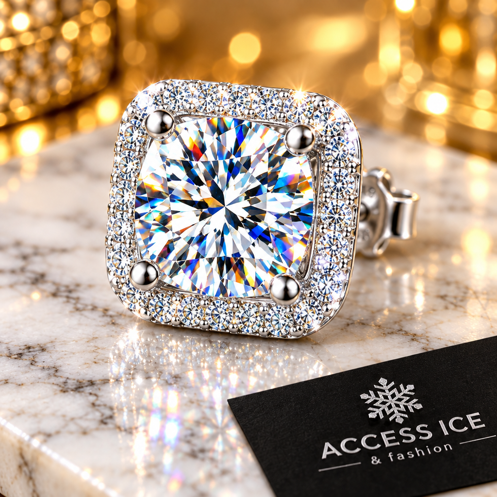 Brincos quadrados Moissanite halo macro close-up pedra Access Ice