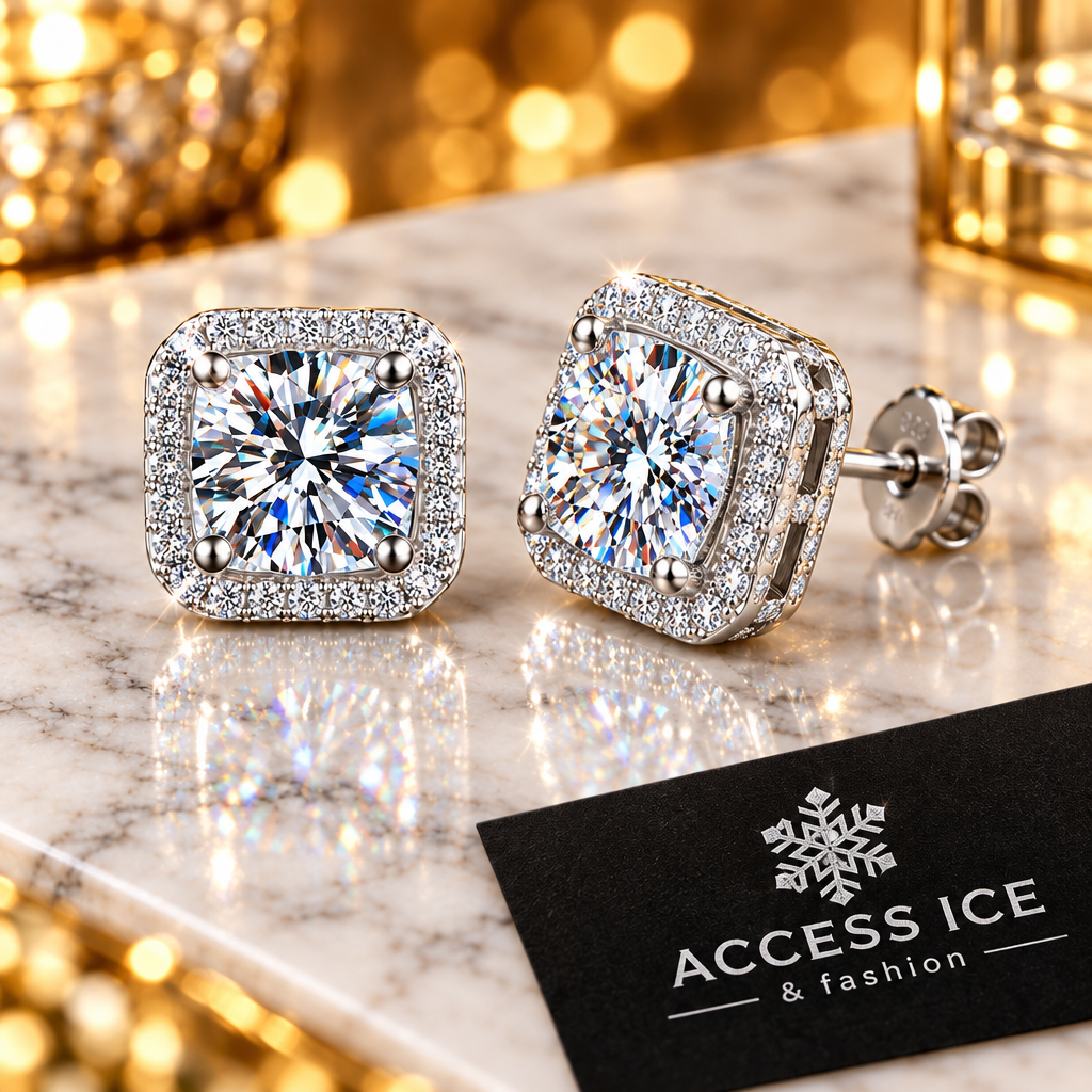 Brincos quadrados Moissanite halo ângulo 45 graus mármore Access Ice